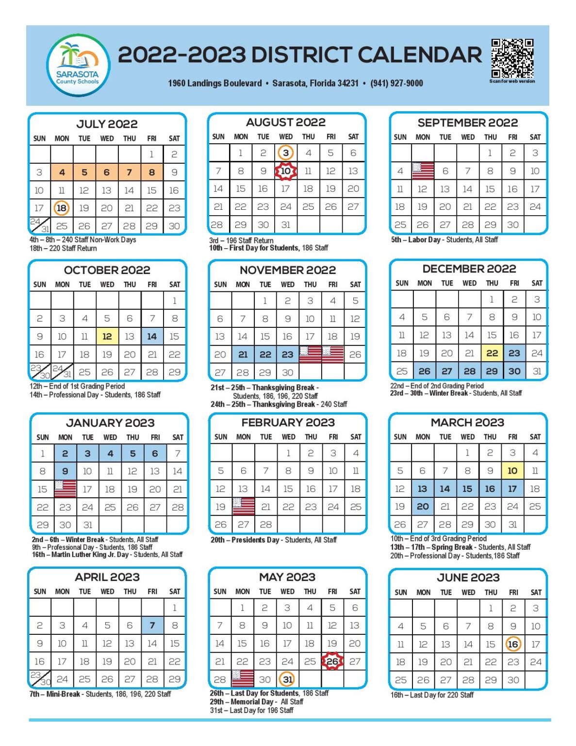 Sarasota County Schools Calendar 2023 With Holidays