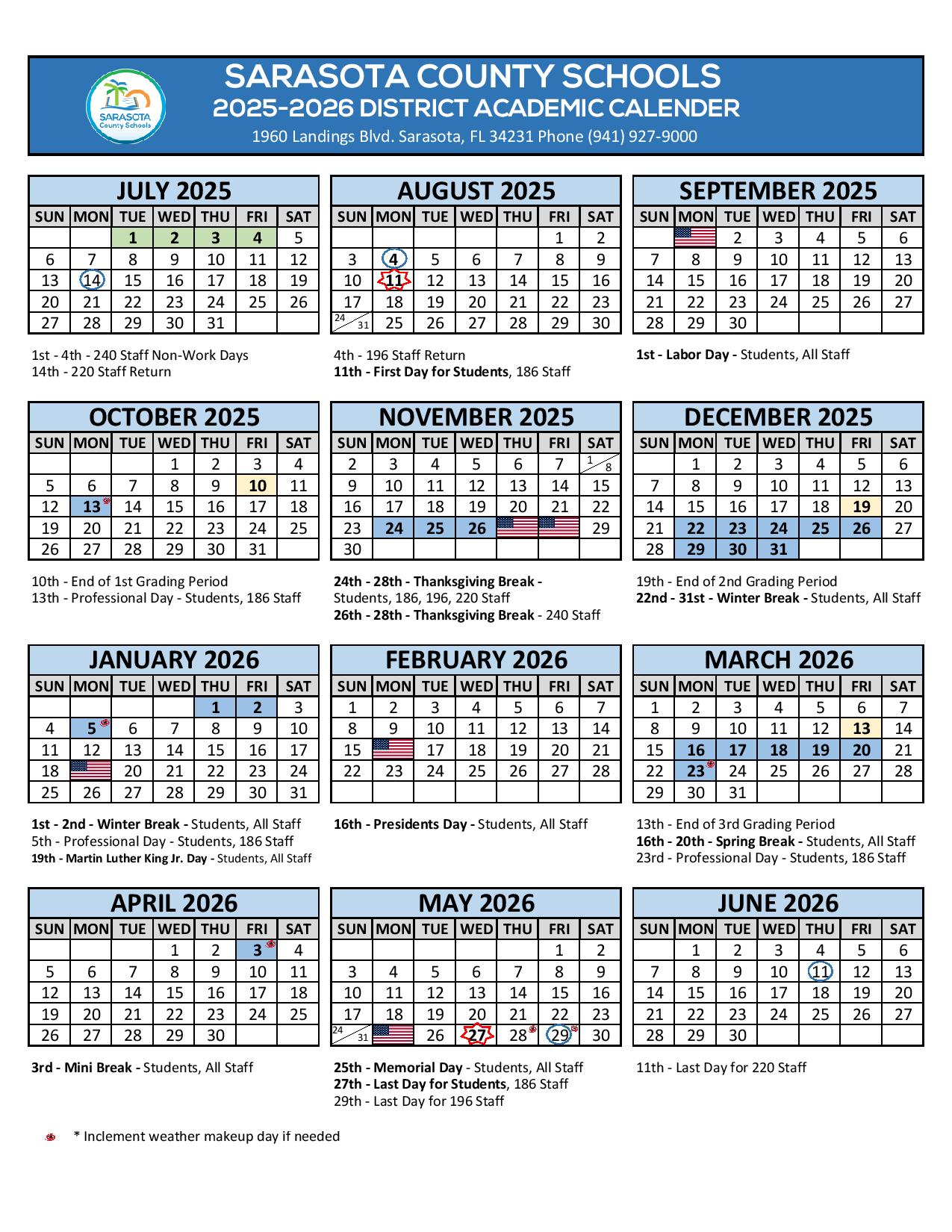 Sarasota County Schools Calendar 20252026 with Holidays