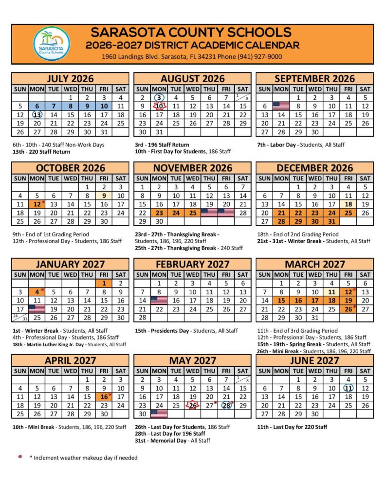 Sarasota County Schools Calendar 2026-2027