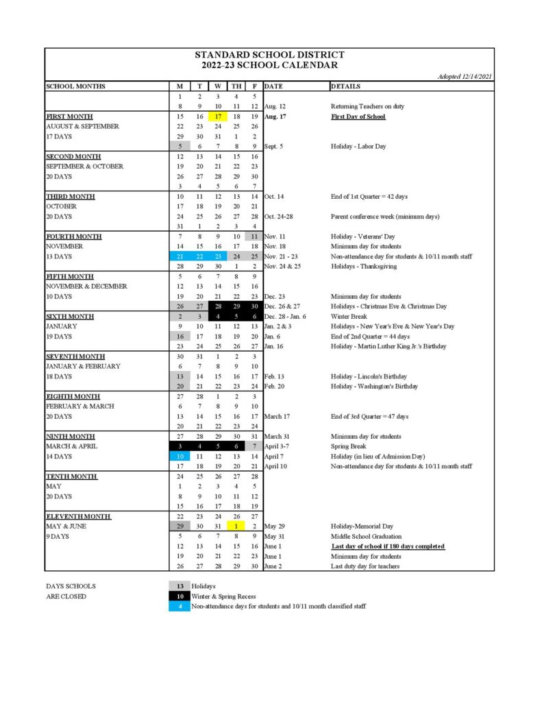 Standard Elementary School District Calendar 2023 School Calendar Info