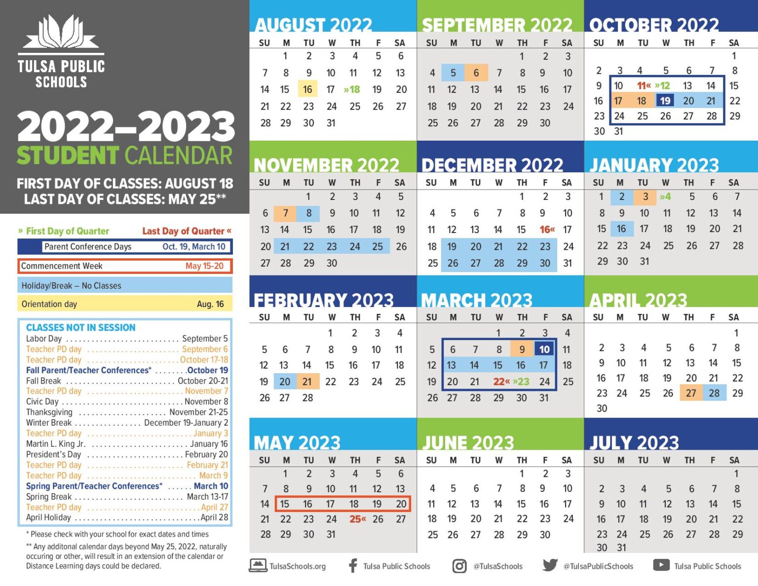 Tulsa Public Schools Calendar 2023 with Holidays