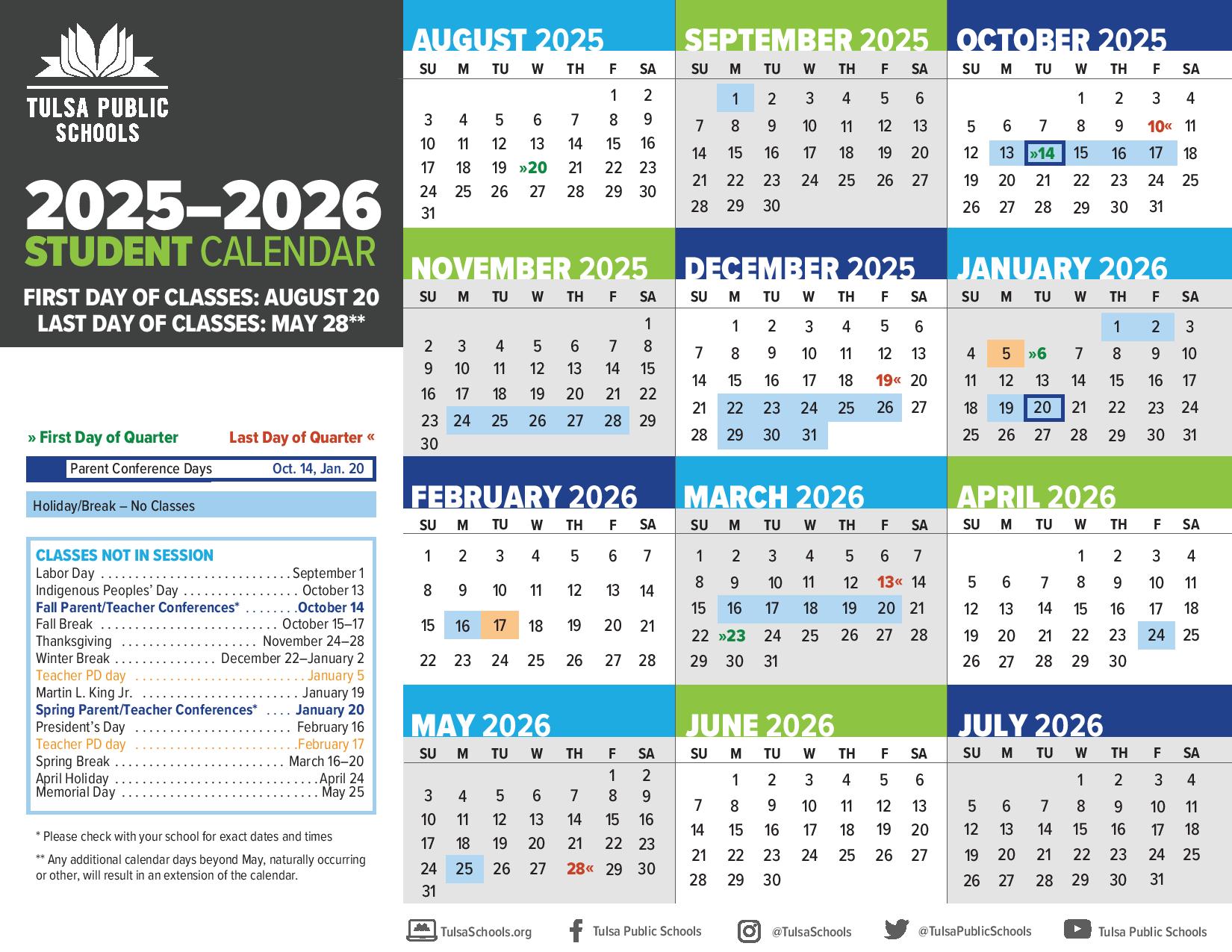 Tulsa Public Schools Calendar 20252026 with Holidays