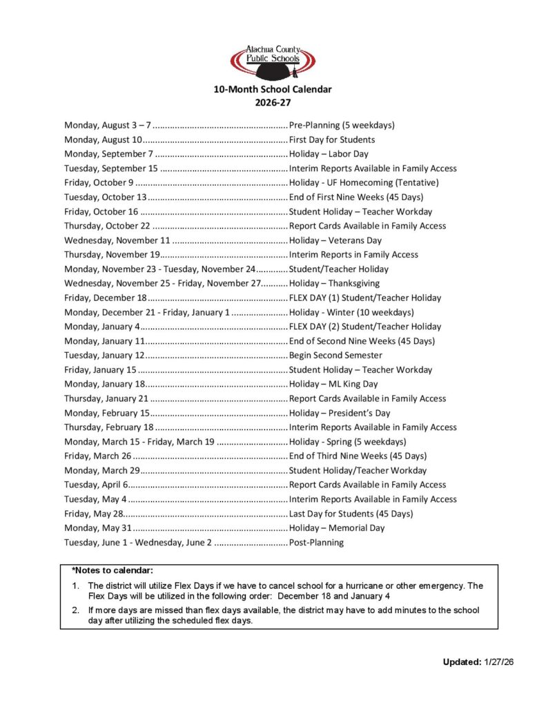 Alachua County Public Schools Calendar 2026-2027