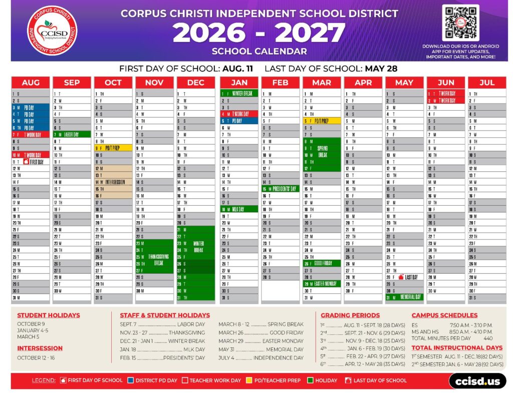 CCISD School District Calendar 2026-2027