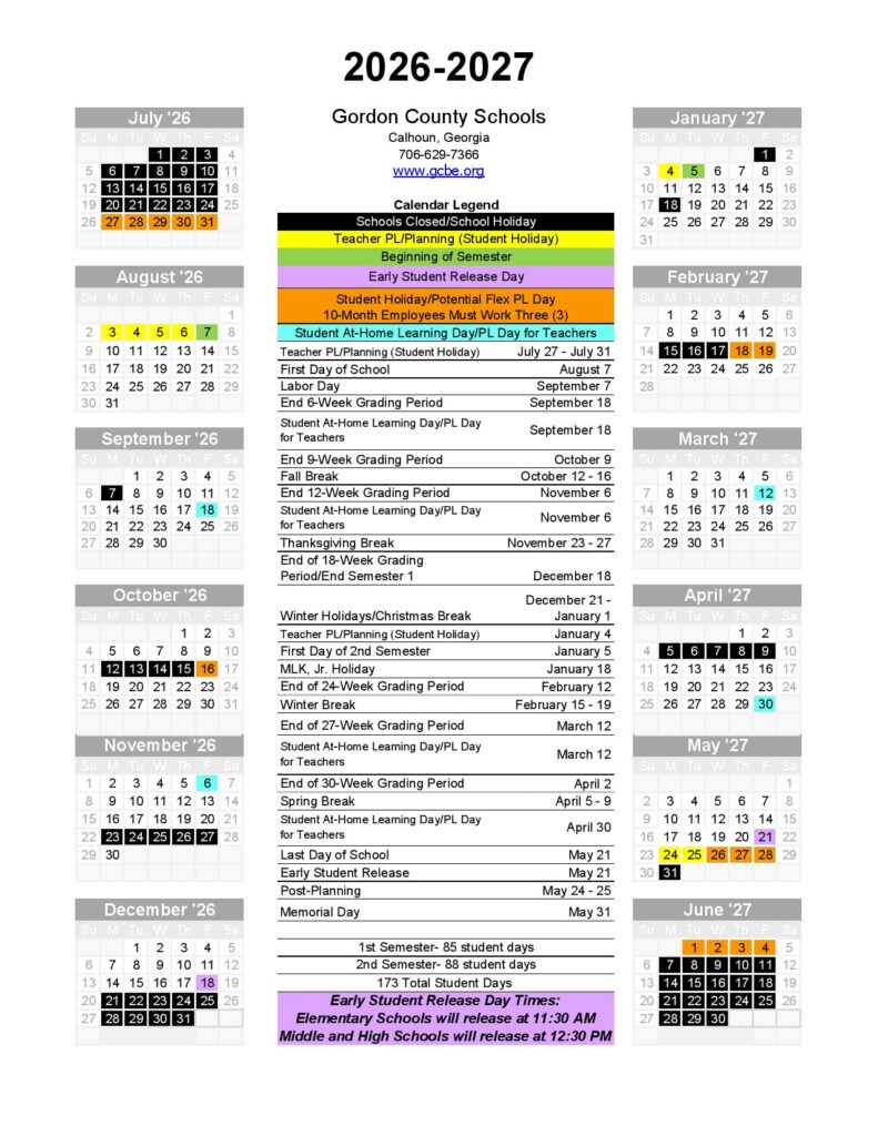 Gordon County Schools Calendar 2026-2027