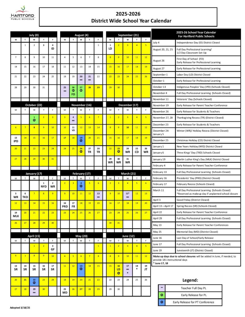 Hartford Public Schools Calendar 2025-2026