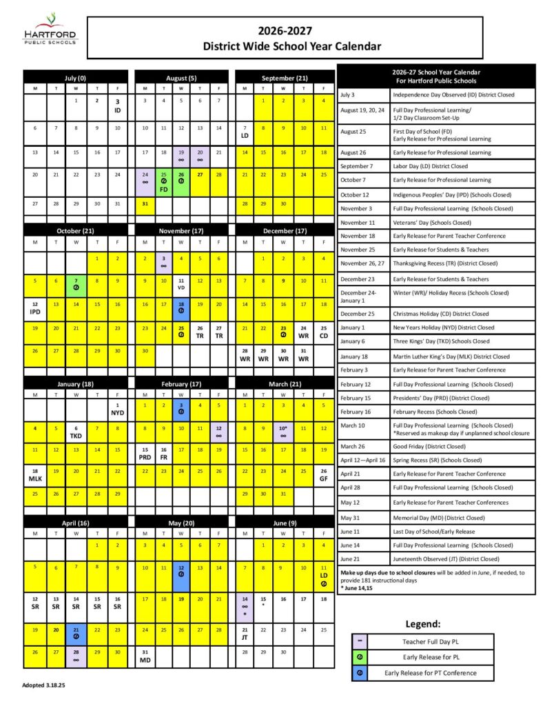 Hartford Public Schools Calendar 2026-2027