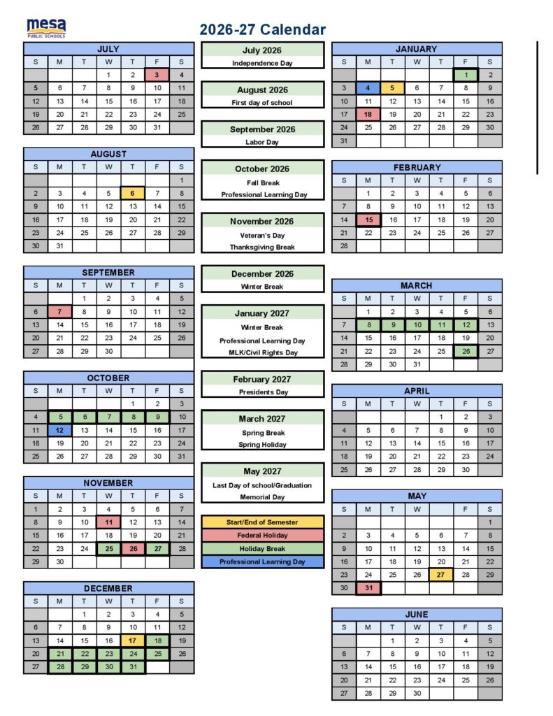 Mesa Public Schools Calendar 2026-2027