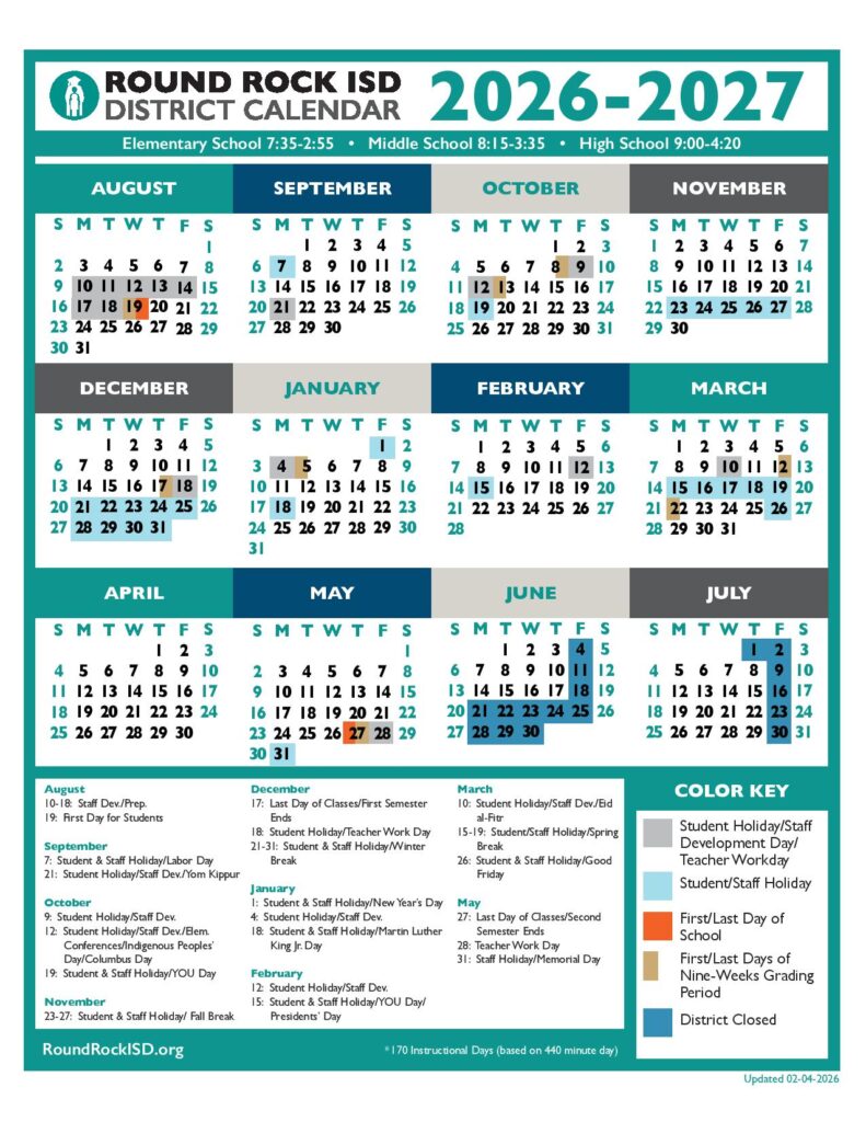 Round Rock Independent School District Calendar 2026-2027