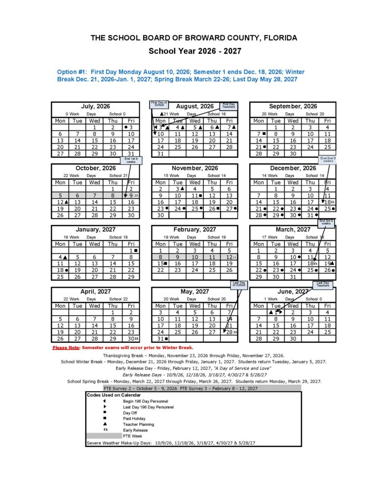 Broward County Public Schools Calendar 2026-2027