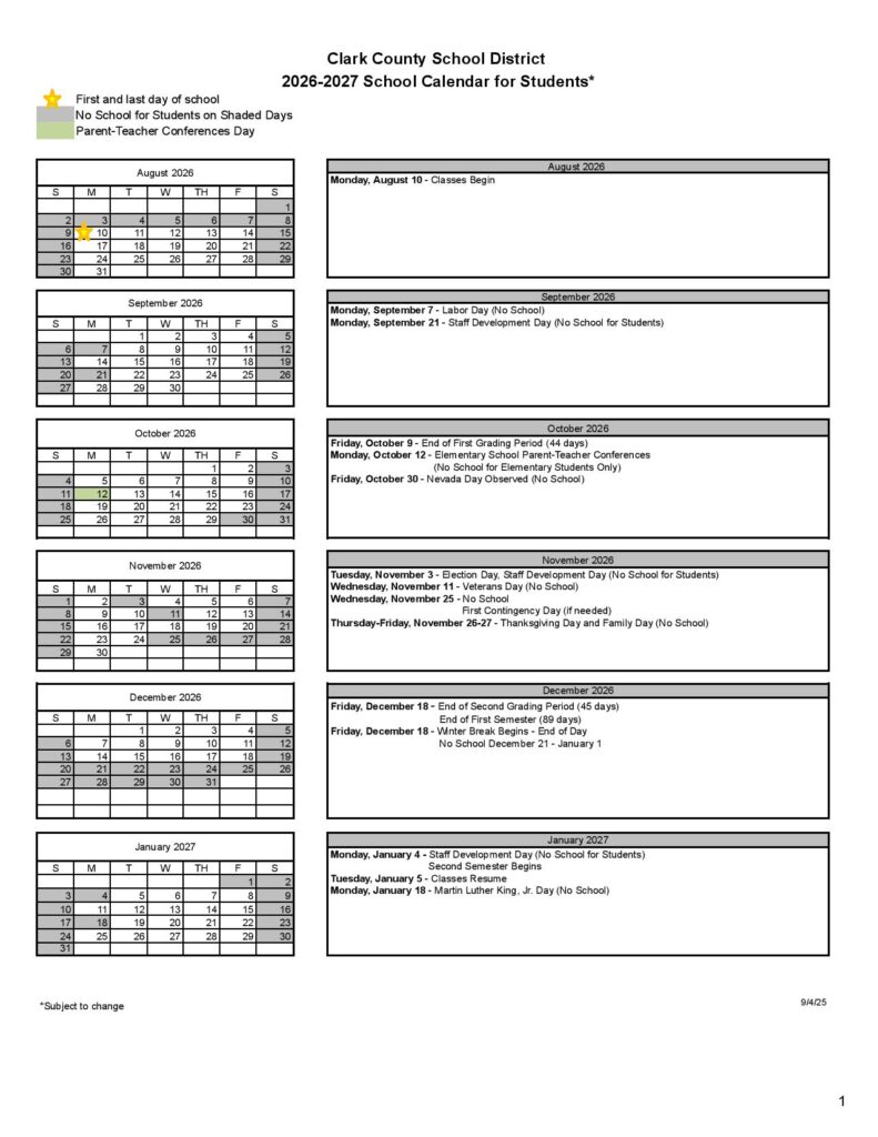 Clark County School District Calendar 2026-2027