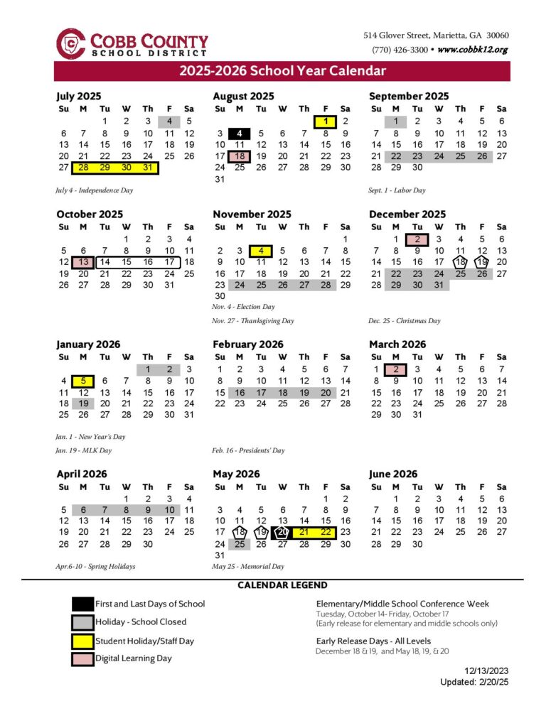 Cobb County School District Calendar Holidays 20252026