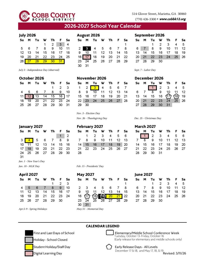 Cobb County School District Calendar Holidays 2026-2027