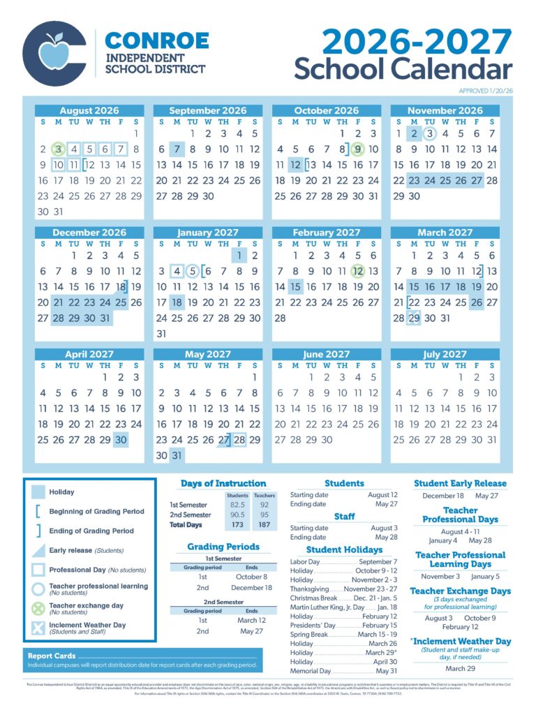 Conroe Independent School District Calendar 2026-2027