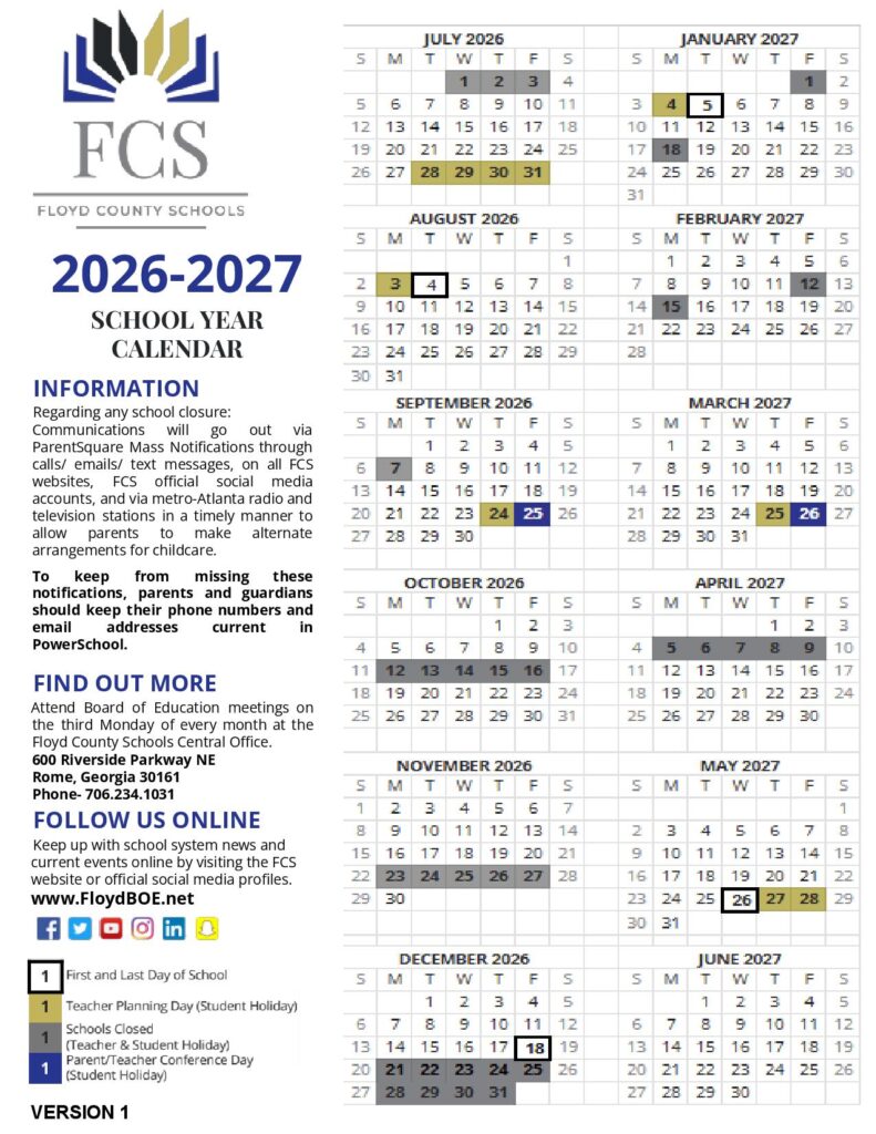 Floyd County Schools Calendar 2026-2027