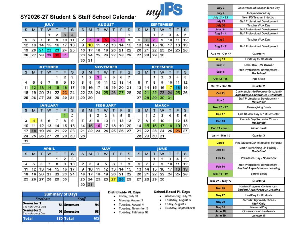 Indianapolis Public Schools Calendar 2026-2027