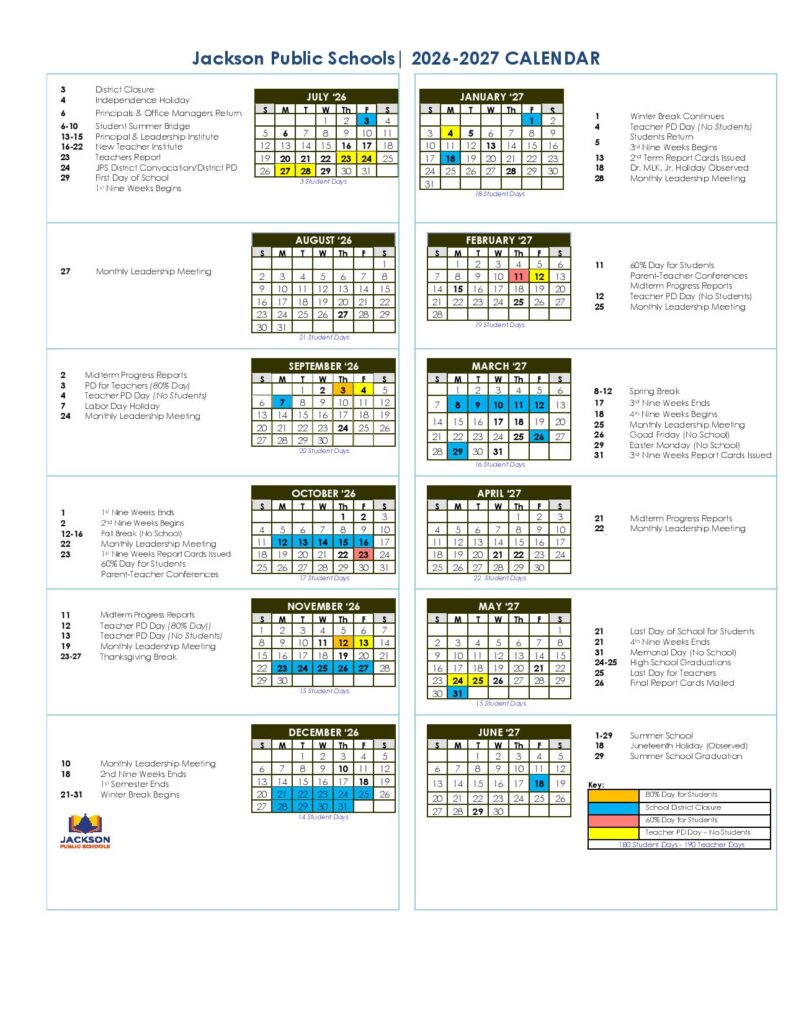 Jackson Public Schools Calendar 2026-2027
