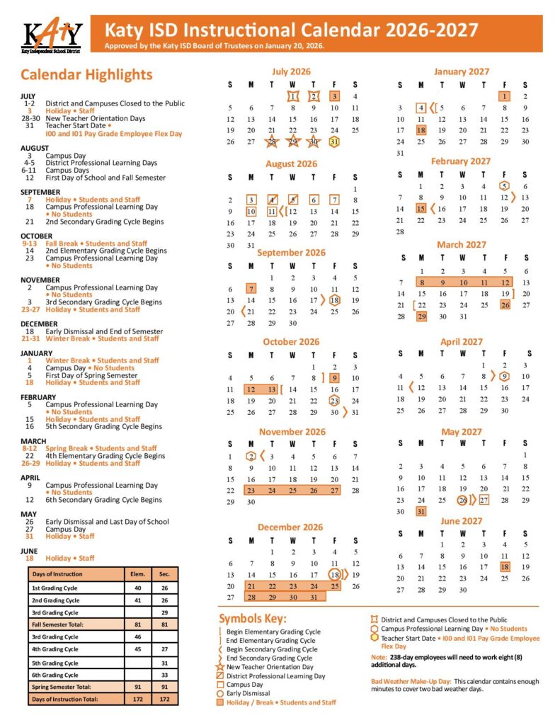 Katy Independent School District Calendar 2026-2027