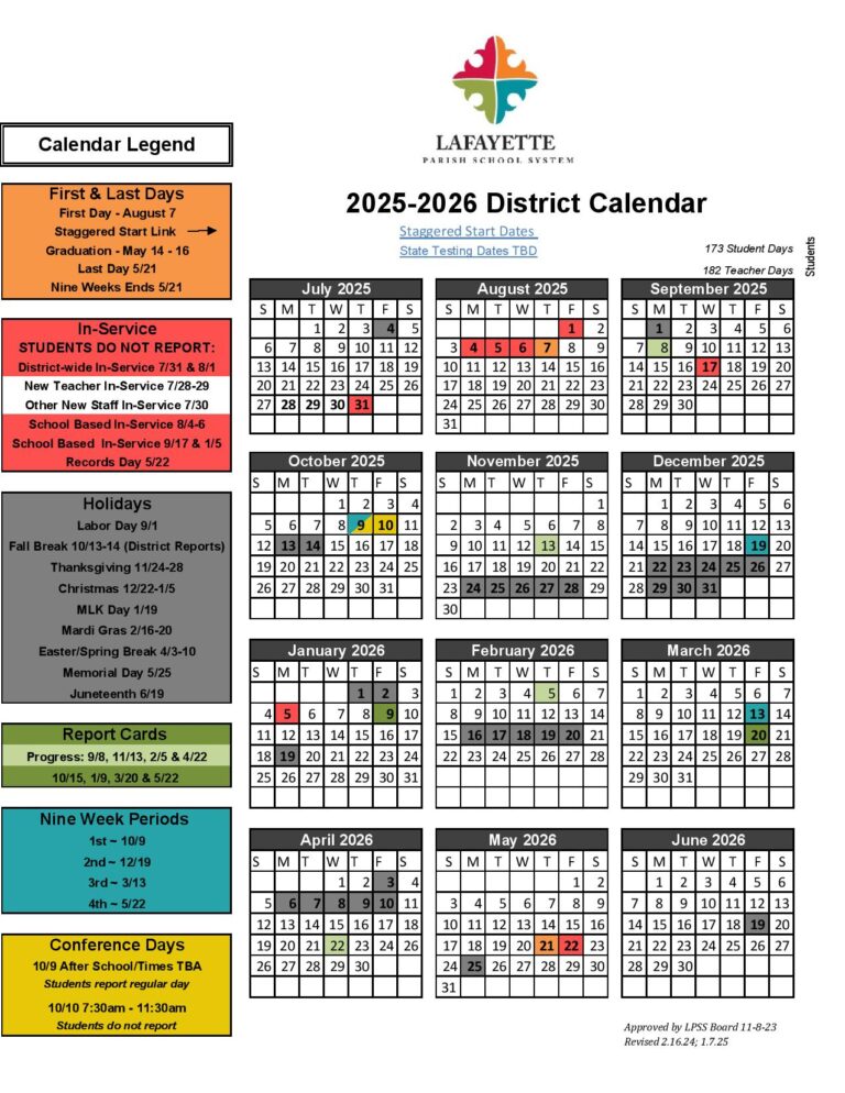Lafayette Parish Schools Calendar 20252026 in PDF