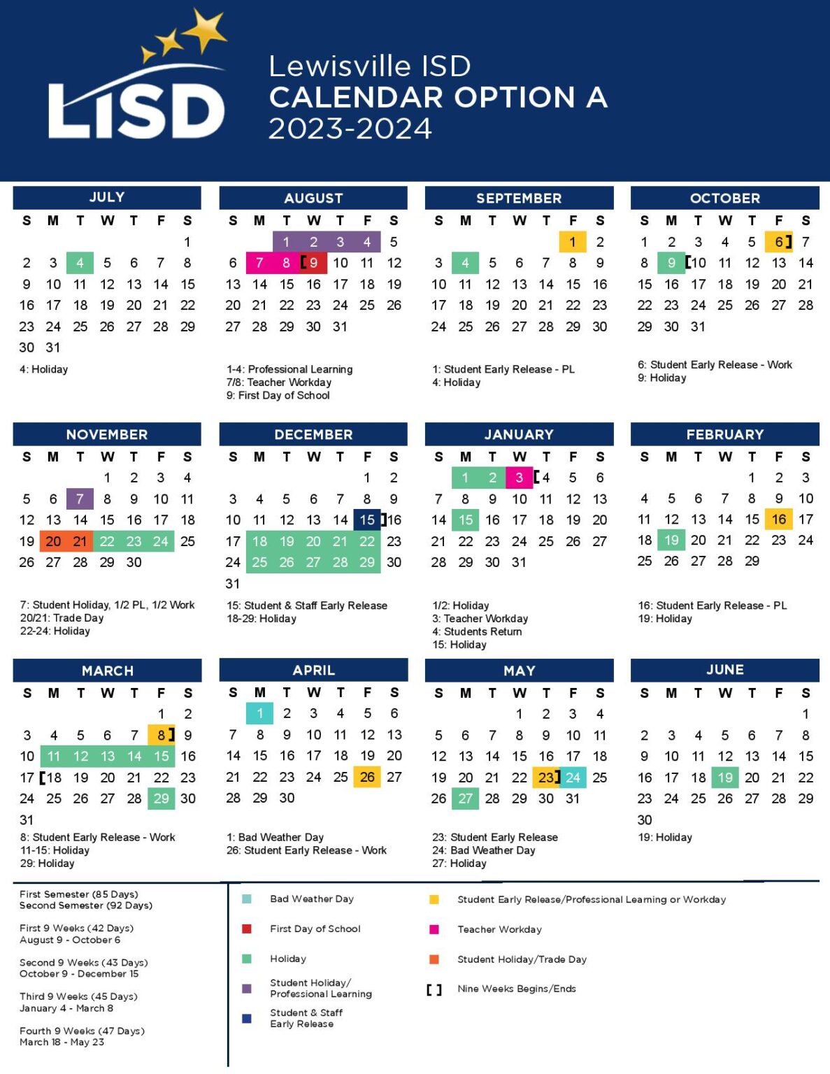 Lewisville Independent School District Calendar 2023-2024