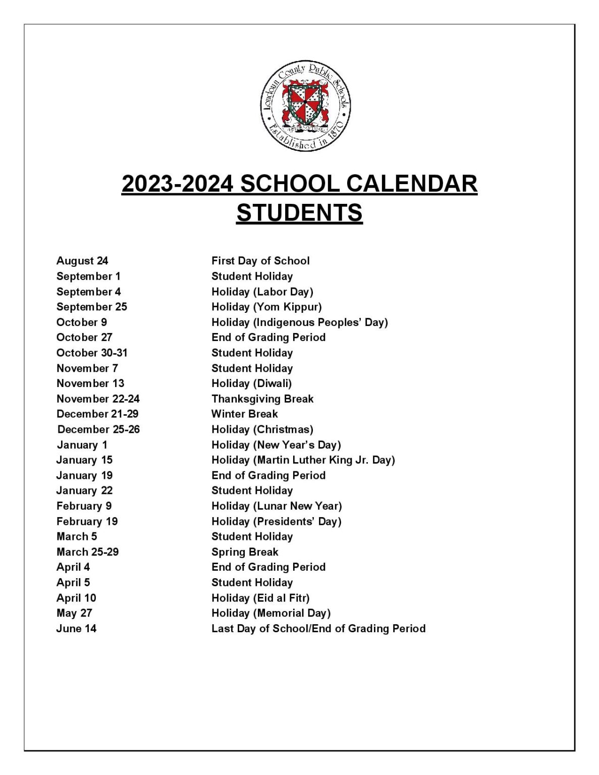 Loudoun County Public Schools Calendar Holidays 2023-2024