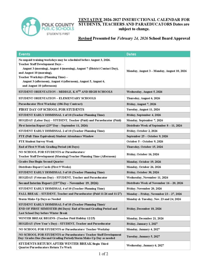 Polk County Public Schools Calendar 2026-2027