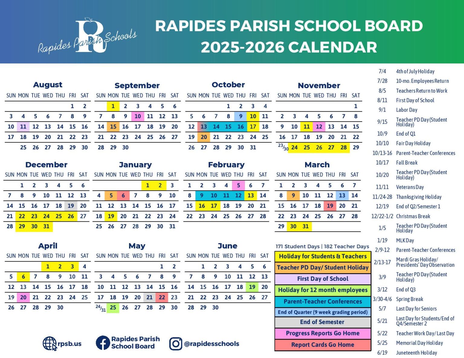 Rapides Parish Schools Calendar 2025 2026 in PDF