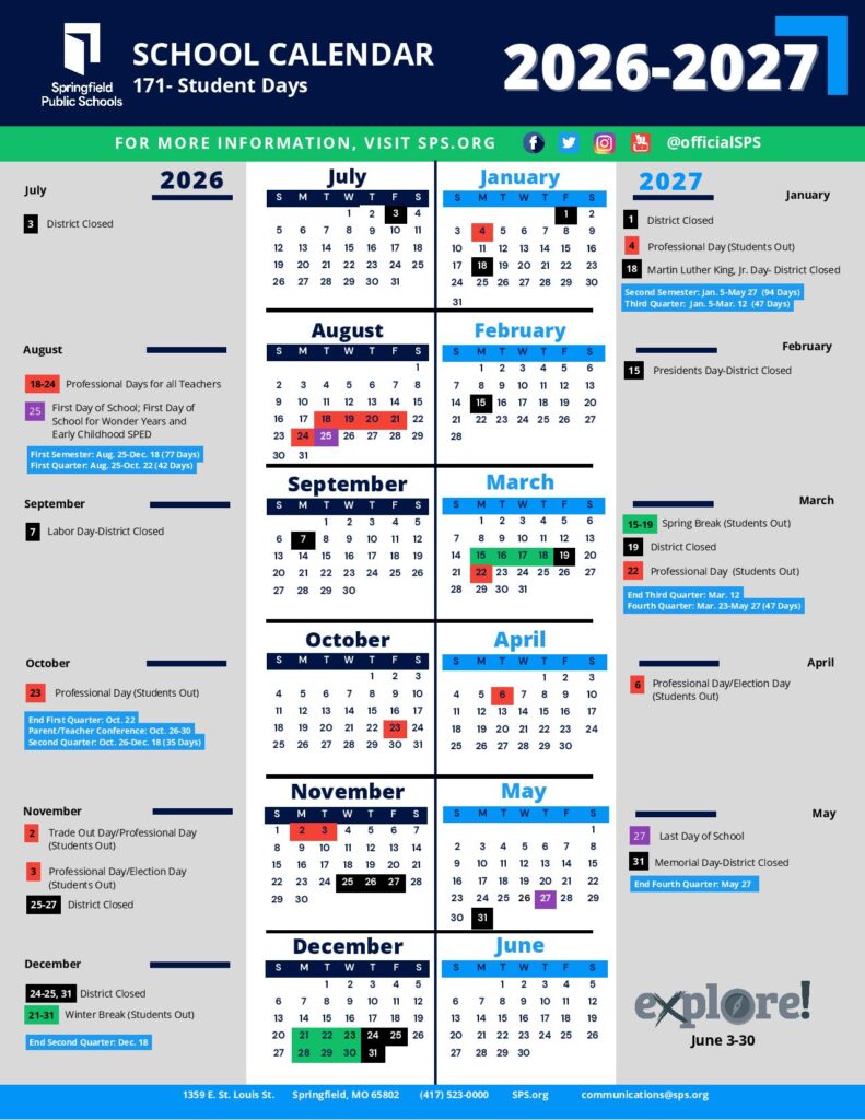 Springfield Public Schools Calendar 2026-2027