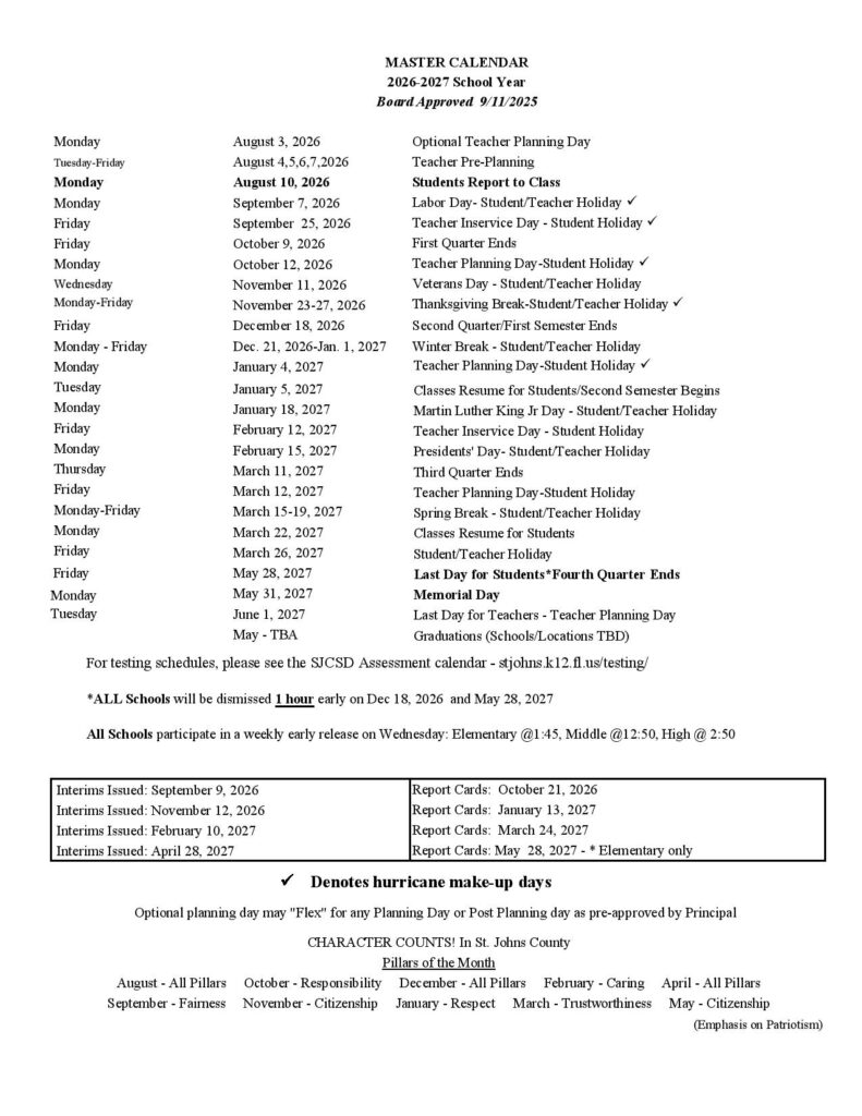 St Johns County School District Calendar 2026-2027