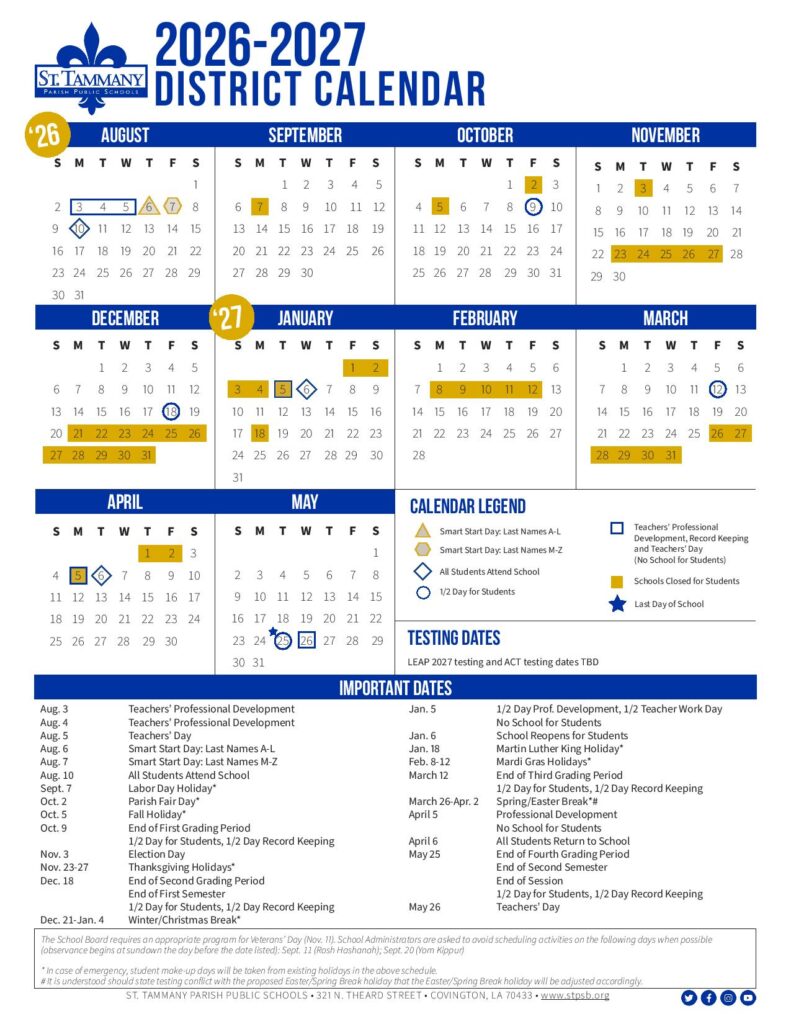 St. Tammany Parish Public Schools Calendar 2026-2027