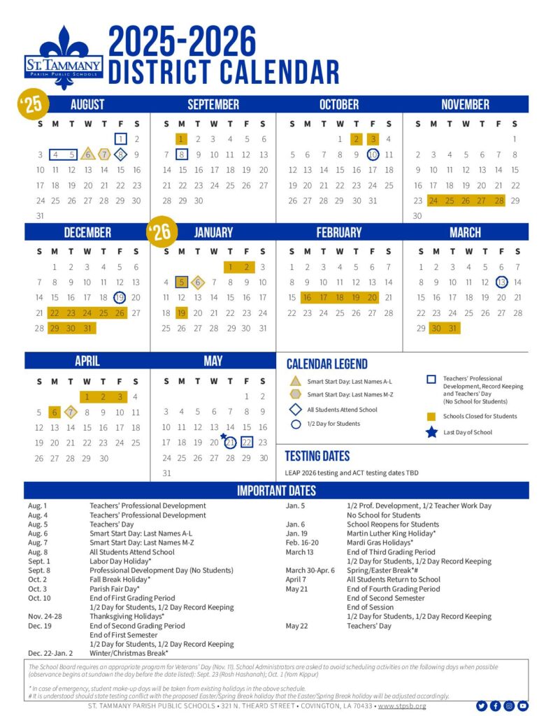 St. Tammany Parish Public Schools Calendar 2025