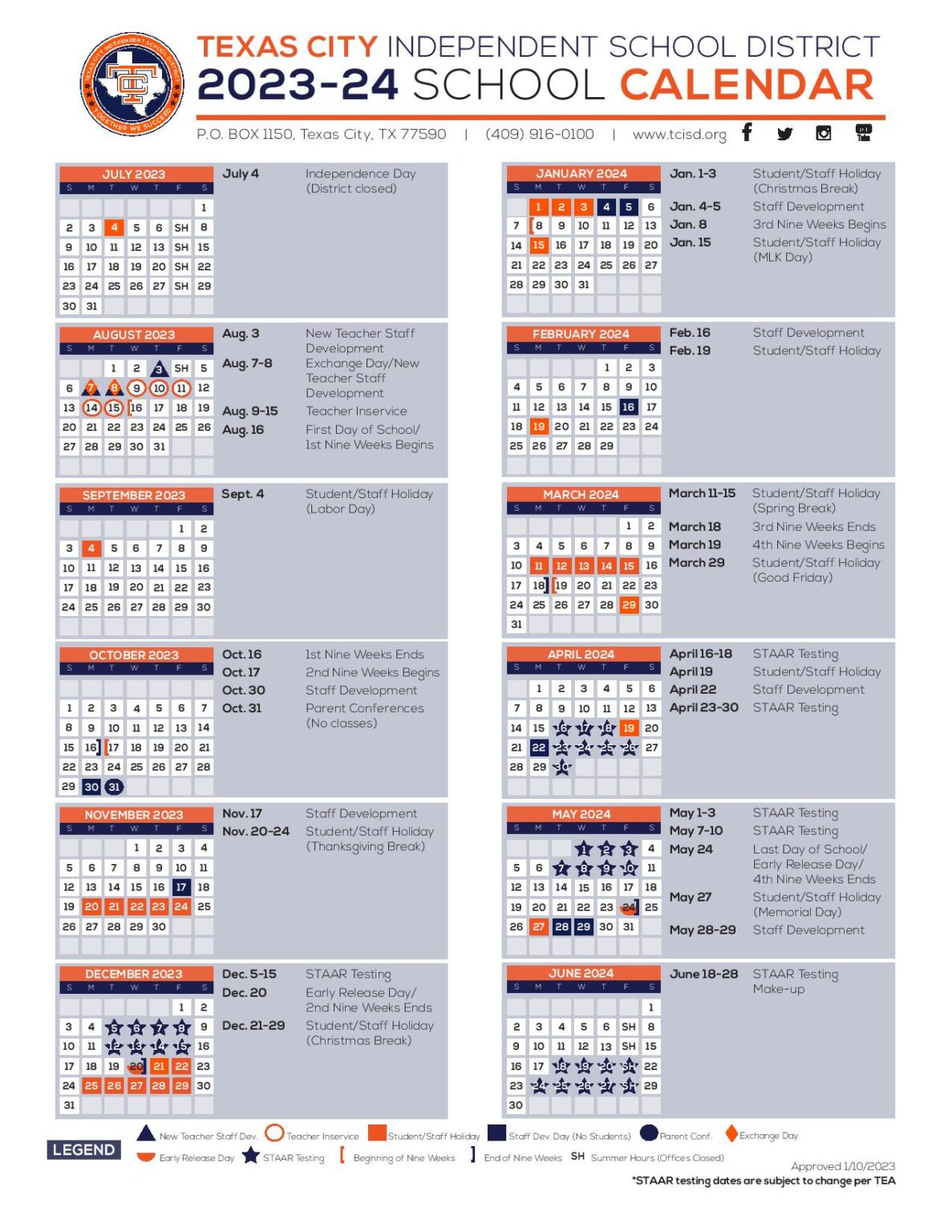 Texas City Independent School District Calendar Holidays 2024