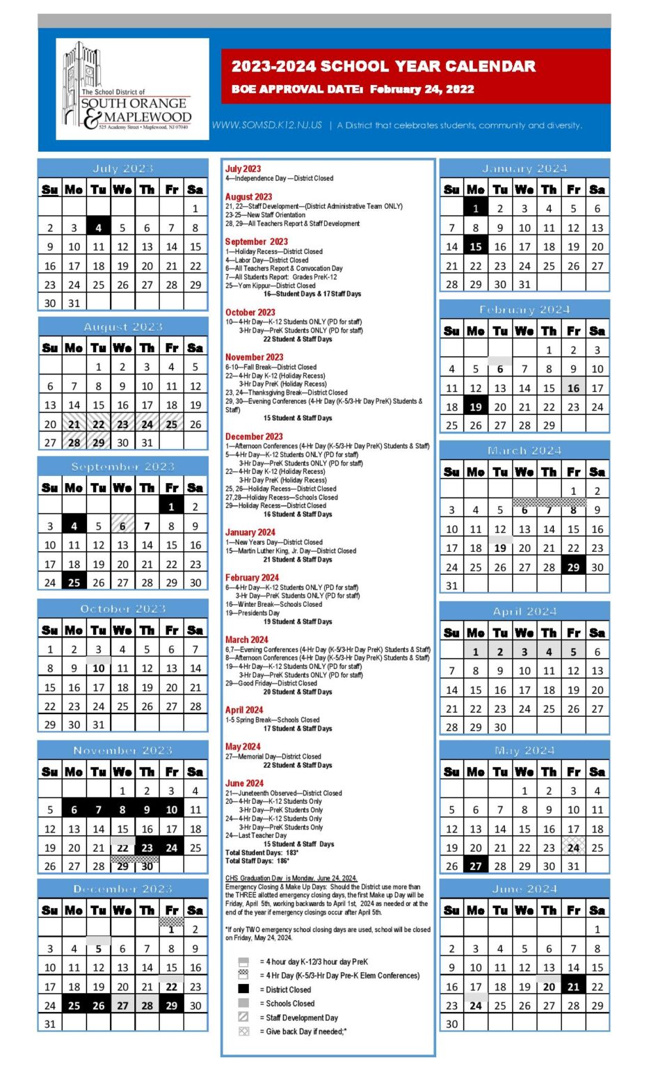 South Orange-Maplewood School District Calendar 2023-2024