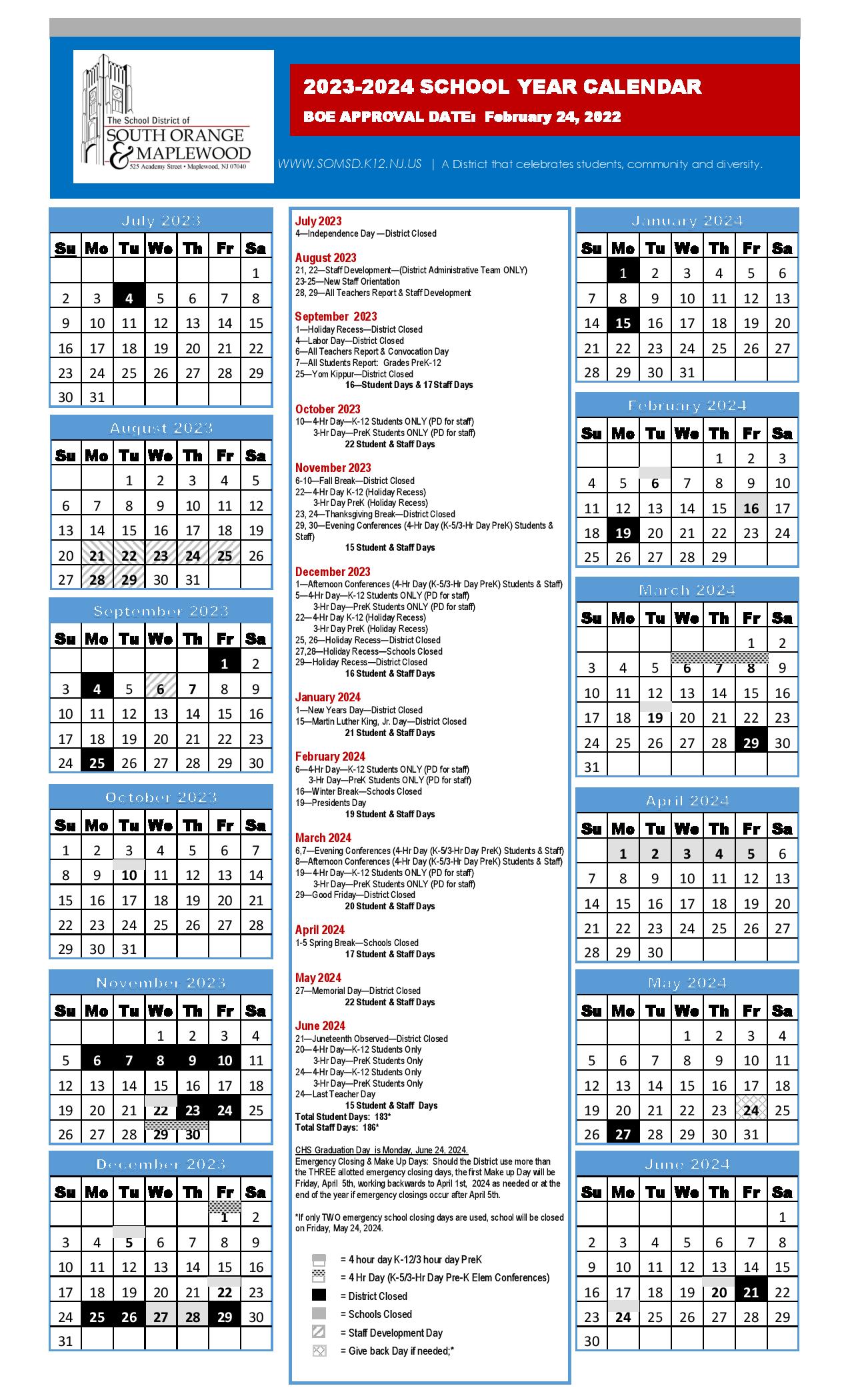 South OrangeMaplewood School District Calendar 20242025