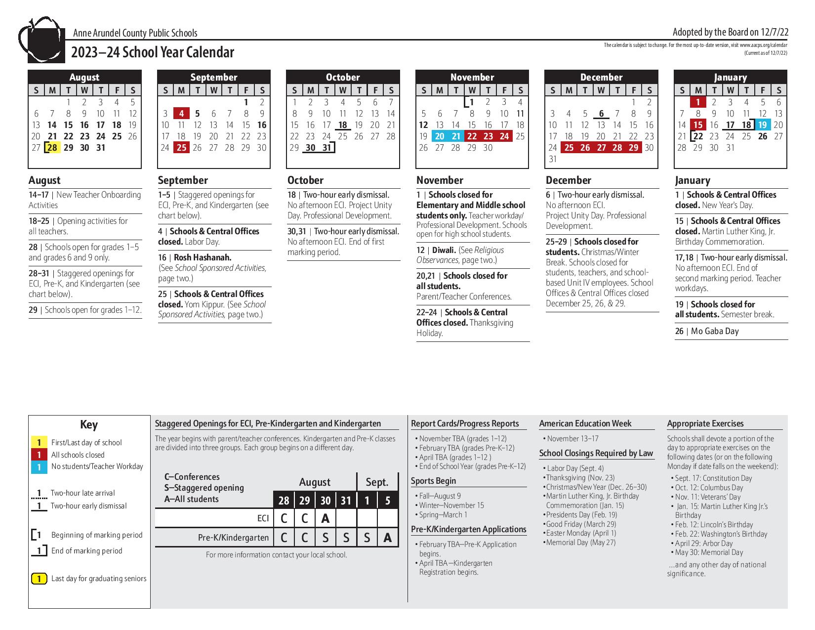 Anne Arundel County Public Schools Calendar 2023-2024 PDF