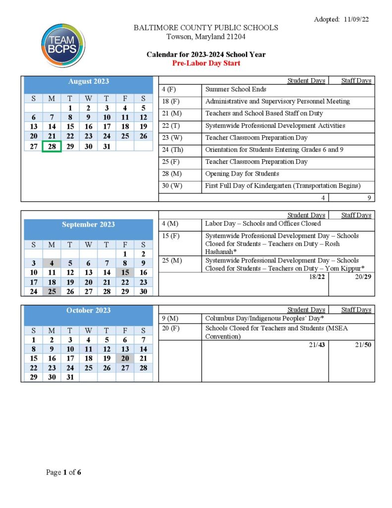 Baltimore County Public Schools Calendar Holidays 2023-2024