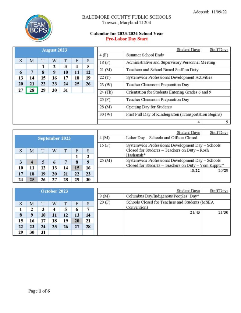 Baltimore County Public Schools Calendar Holidays 20232024