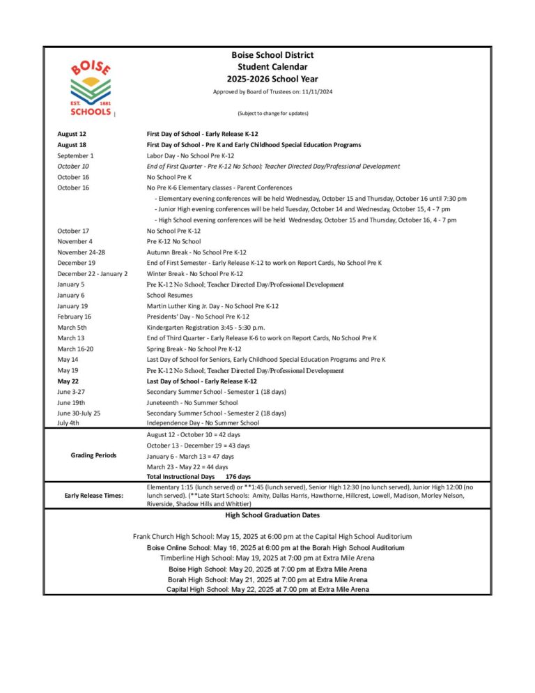 Boise School District Calendar 20252026 in PDF