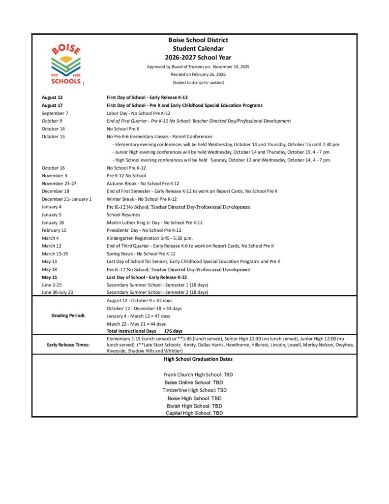 Boise School District Calendar 2026-2027