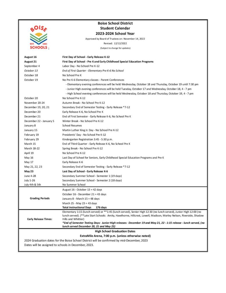 Boise School District Calendar 20232024 in PDF