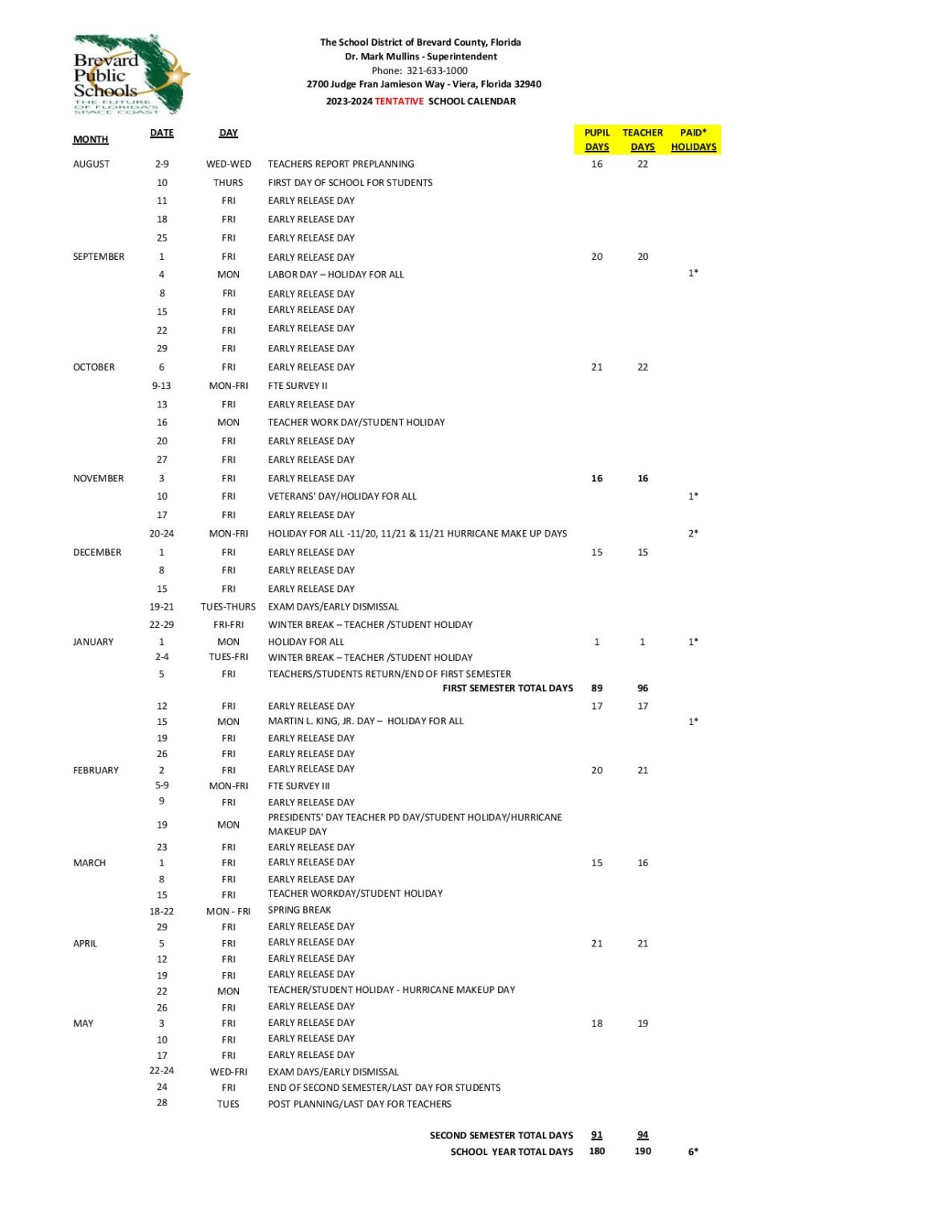 Brevard Public Schools Calendar Holidays 20232024 PDF