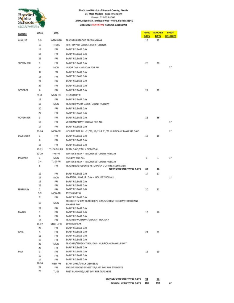 Brevard Public Schools Calendar Holidays 20232024 PDF School