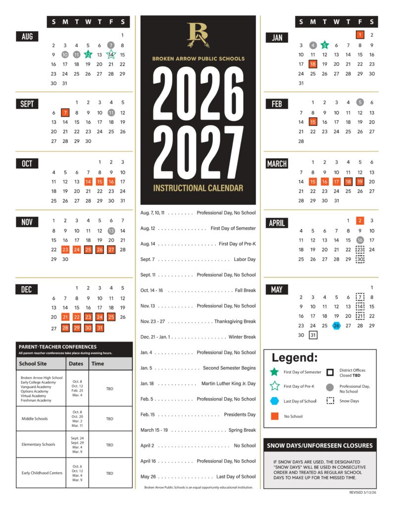 Broken Arrow Public Schools Calendar 2026-2027