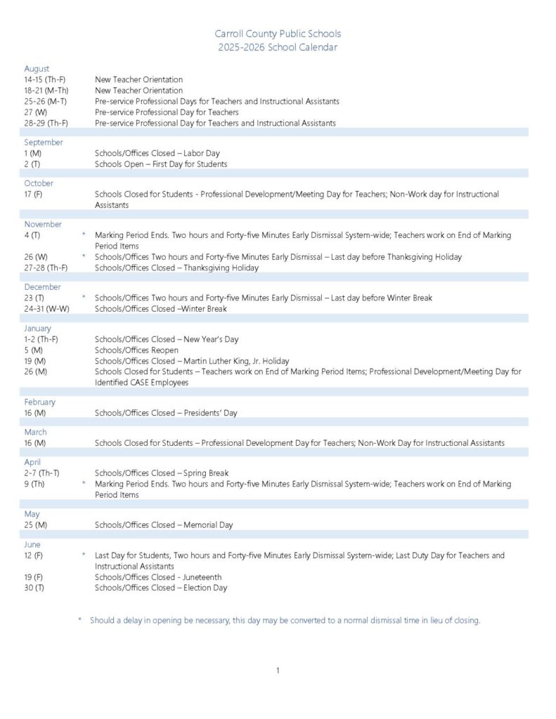 Carroll County Public Schools Calendar 2025