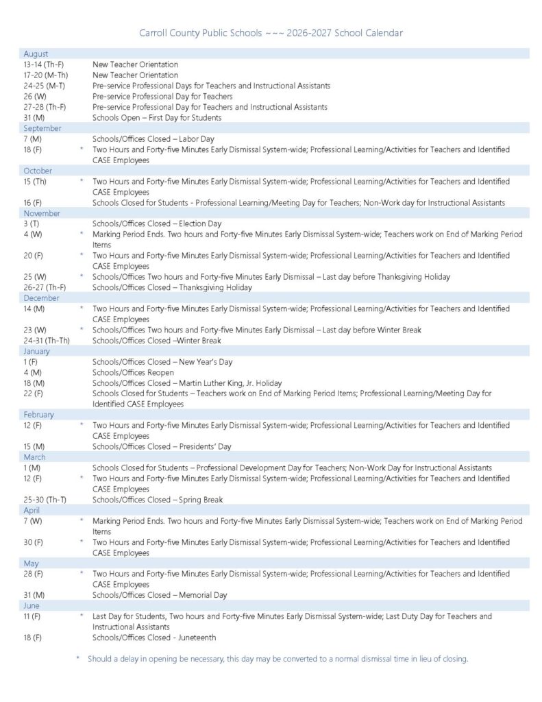 Carroll County Public Schools Calendar 2026-2027
