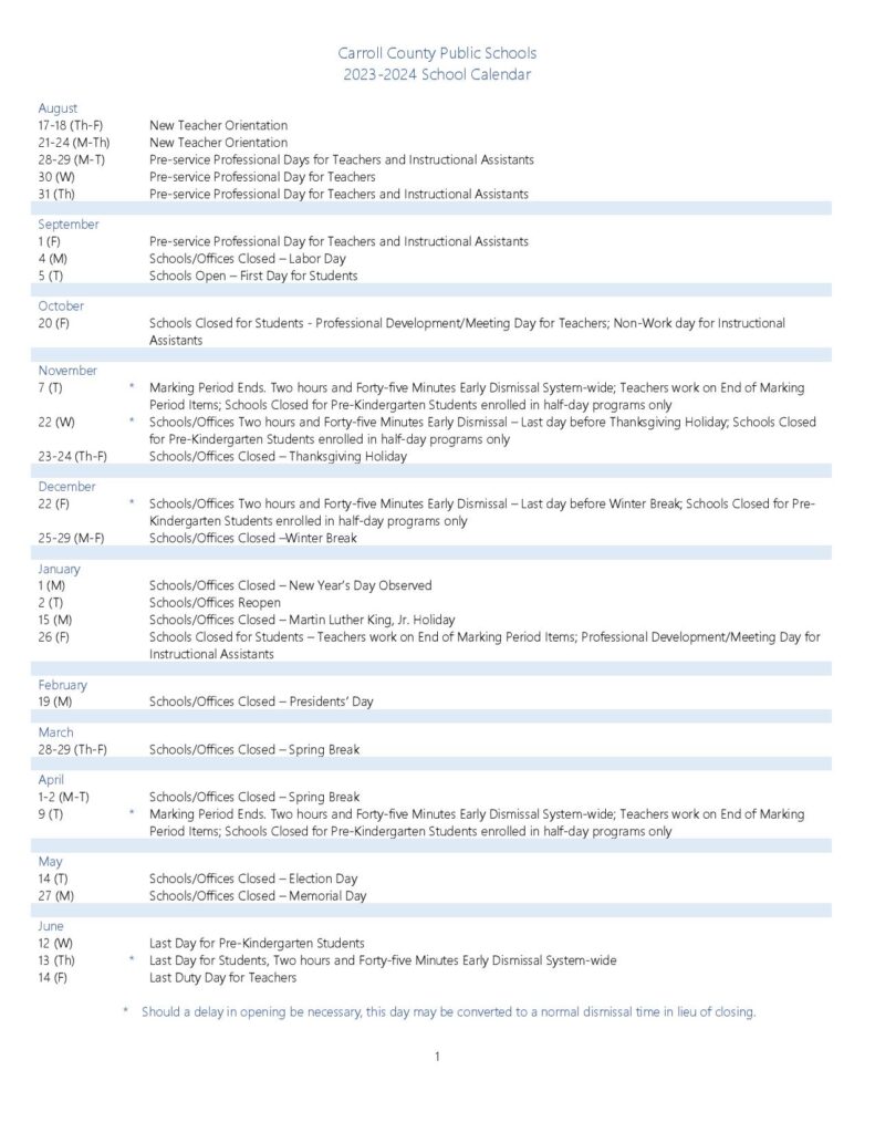 Carroll County Public Schools Calendar 2024-2025 in PDF