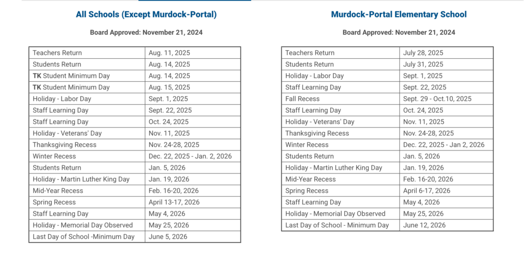 Cupertino Union School District Calendar 2025-2026