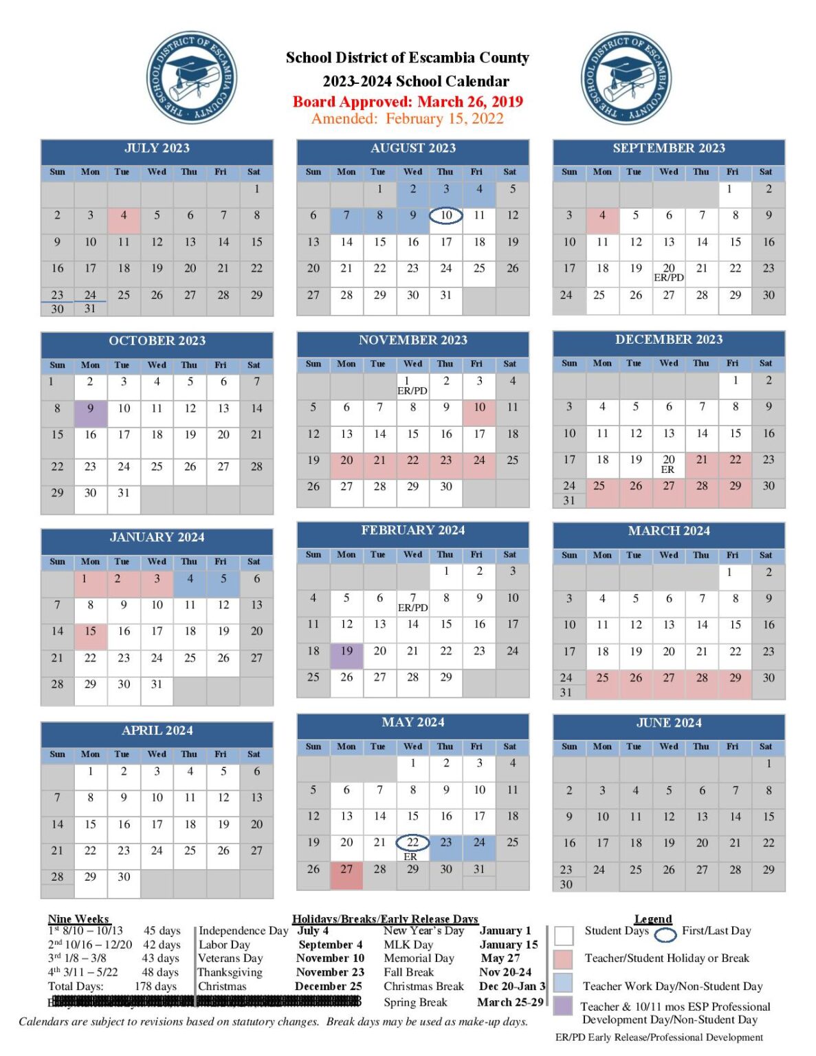 Escambia County School District Calendar 20232024