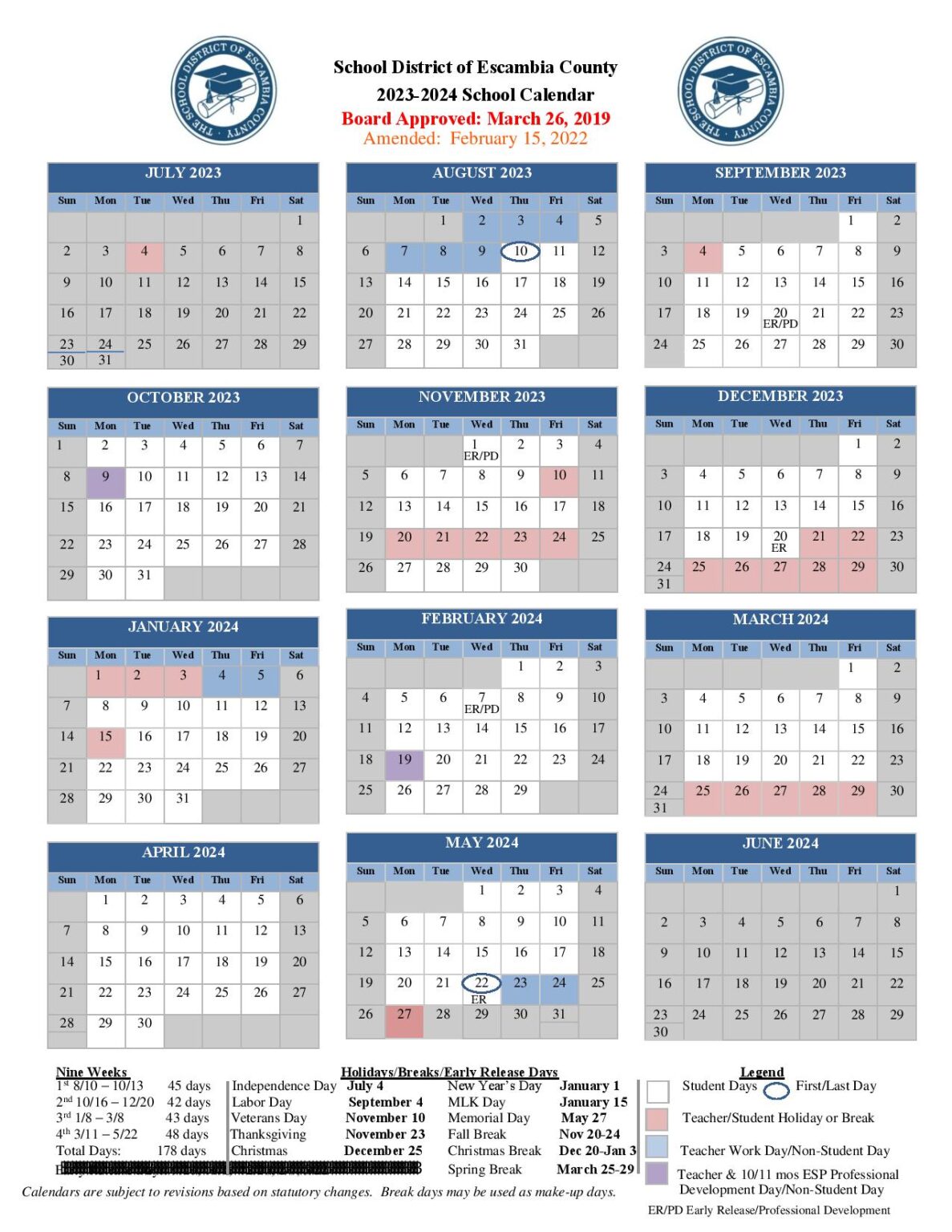 Escambia County School District Calendar 20242025