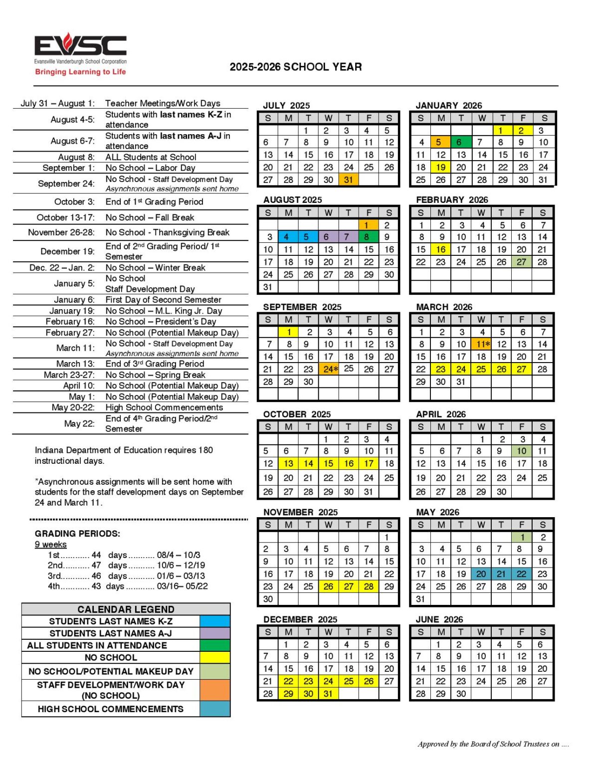 Evansville Vanderburgh School Corporation Calendar 2025 2026 School